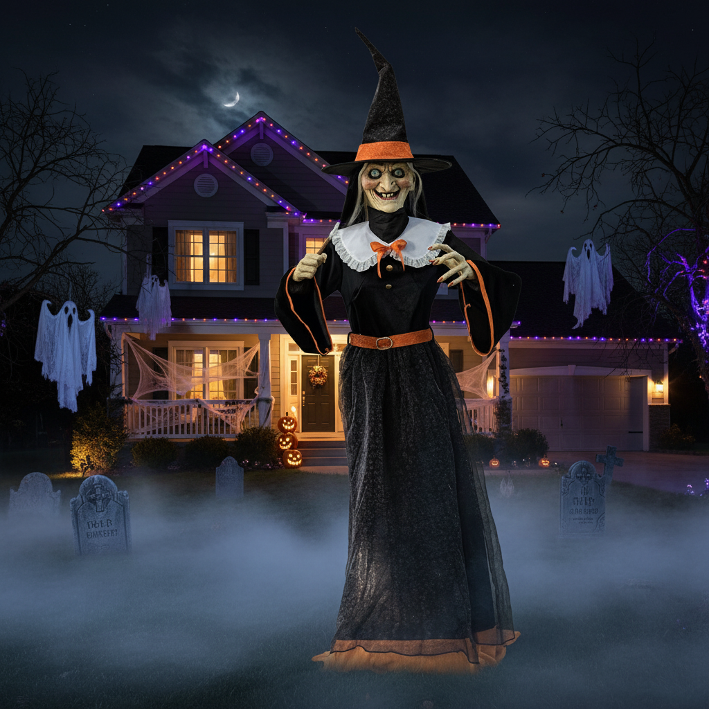 Halloween decoration of a witch in front of a house with ghostly figures and tombstones.