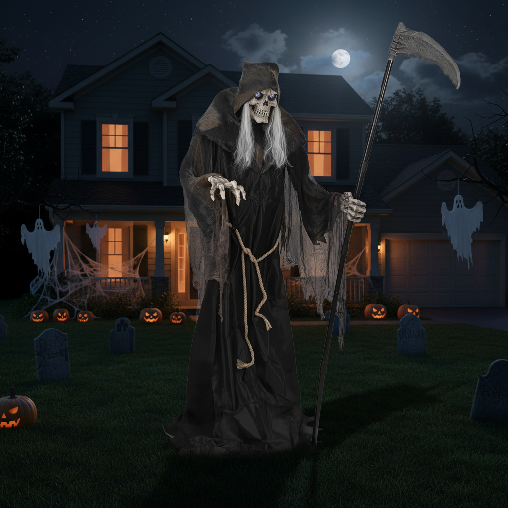 Halloween decoration of a skeleton holding a scythe in front of a house with pumpkins and ghosts.
