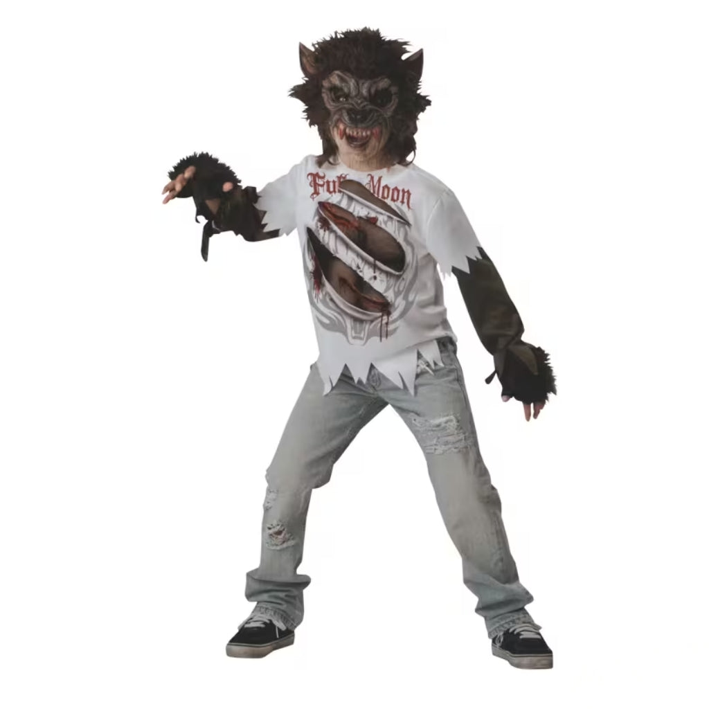 A child modeling a werewolf Halloween costume, featuring a dark brown furry werewolf mask with a sharp tooth grin, a white t-shirt with 'Fun Moon' and a bloody mouth graphic, tattered sleeves, gray jeans, and black fingerless gloves, set against a plain white background.