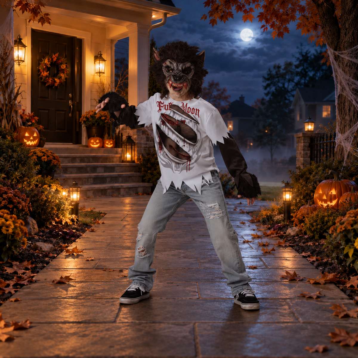 A child wearing a Halloween werewolf costume stands on a stone walkway in front of a house at night. The costume includes a dark gray werewolf mask with glowing eyes and bared teeth, a white tattered long-sleeve shirt with a graphic of a werewolf mouth, light blue ripped jeans, and black sneakers.