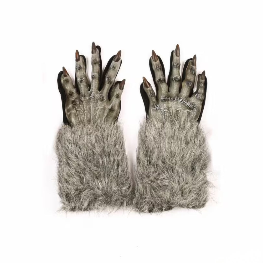 A pair of furry clawed gloves with textured gray faux fur cuffs and bony, reptile-like gray backs, shown against a plain white background.
