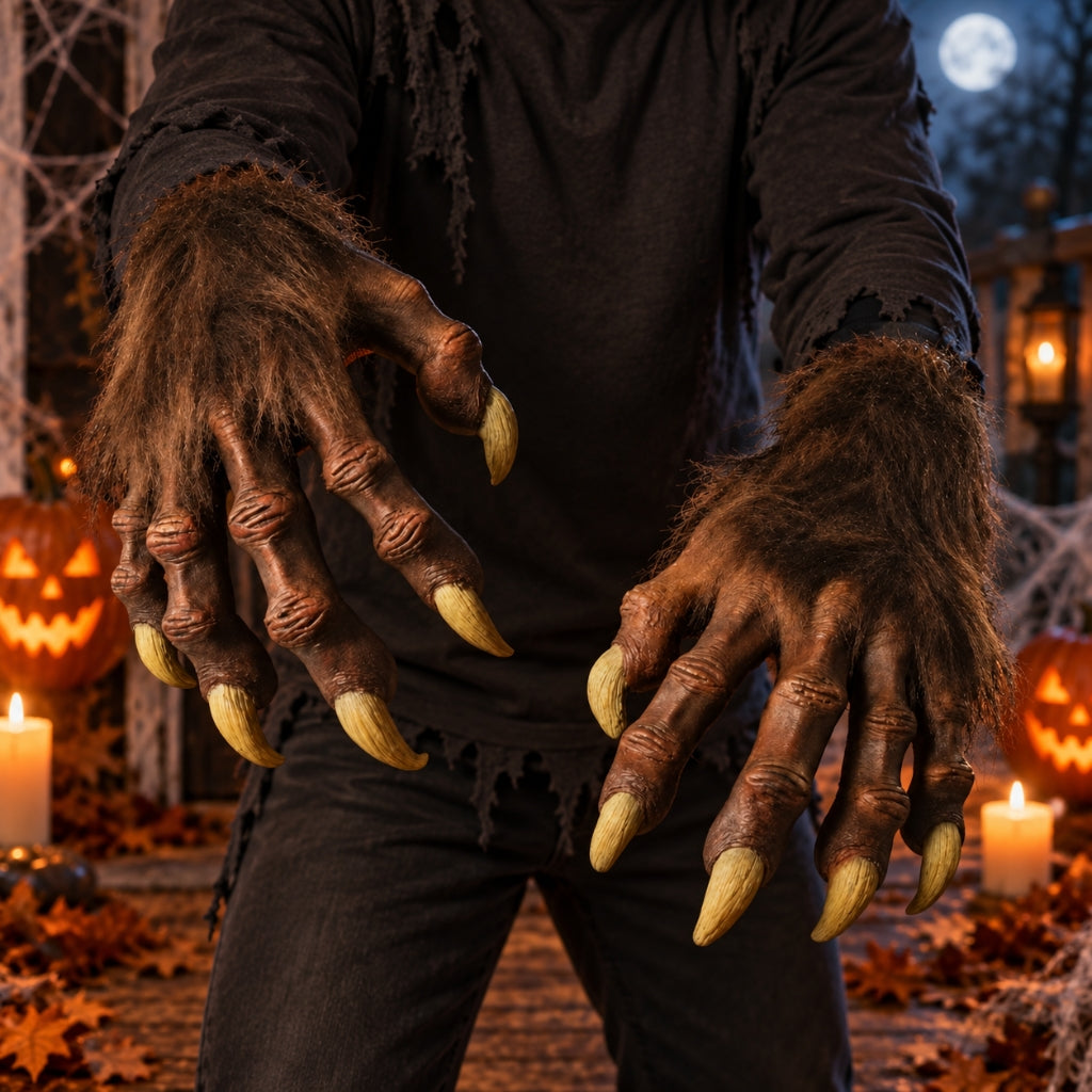 Werewolf paw gloves with claws on a person with a black tattered shirt and black pants. Autumn leaves and jack-o-lanterns in the background