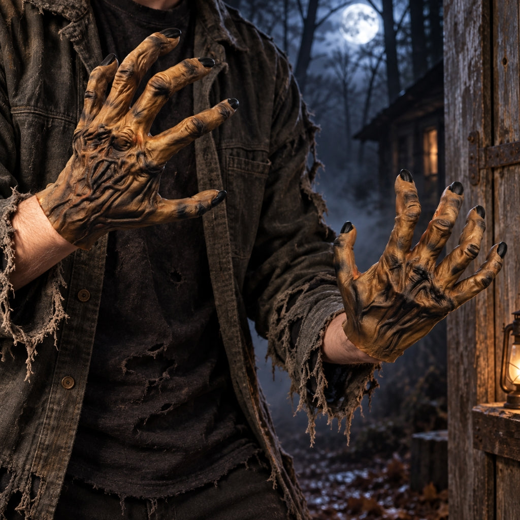 A person wearing a tattered dark jacket and shirt, shown from the chest down, with both hands raised in front. The hands are covered in realistic, decayed fake wounds with long fingernails.