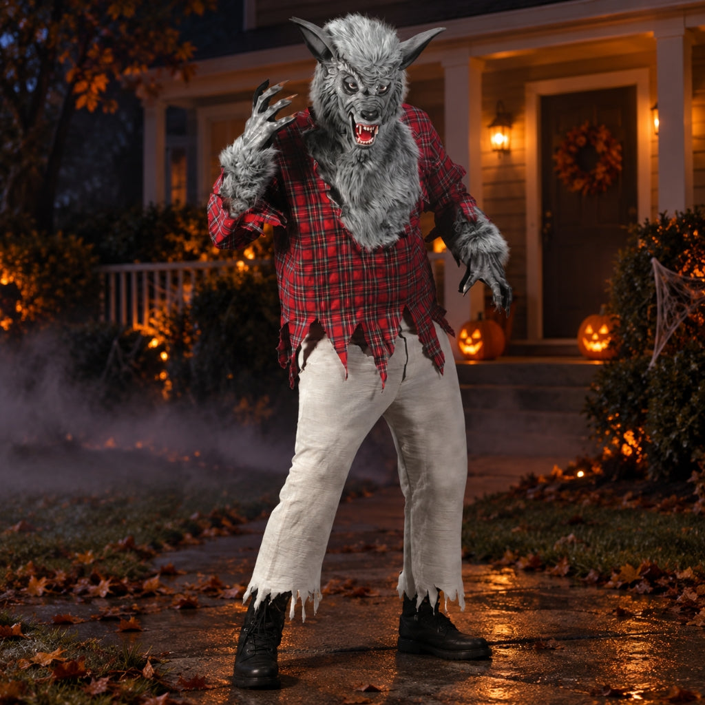 A person wearing a full Halloween werewolf costume stands on a porch walkway at night. The costume includes a gray furry head with large ears and bared teeth, clawed hands, a torn red-and-black plaid shirt, tattered off-white pants, and black boots.