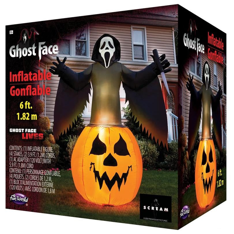 6Ft Ghost Face® Pumpkin Inflatable Halloween Yard Decoration