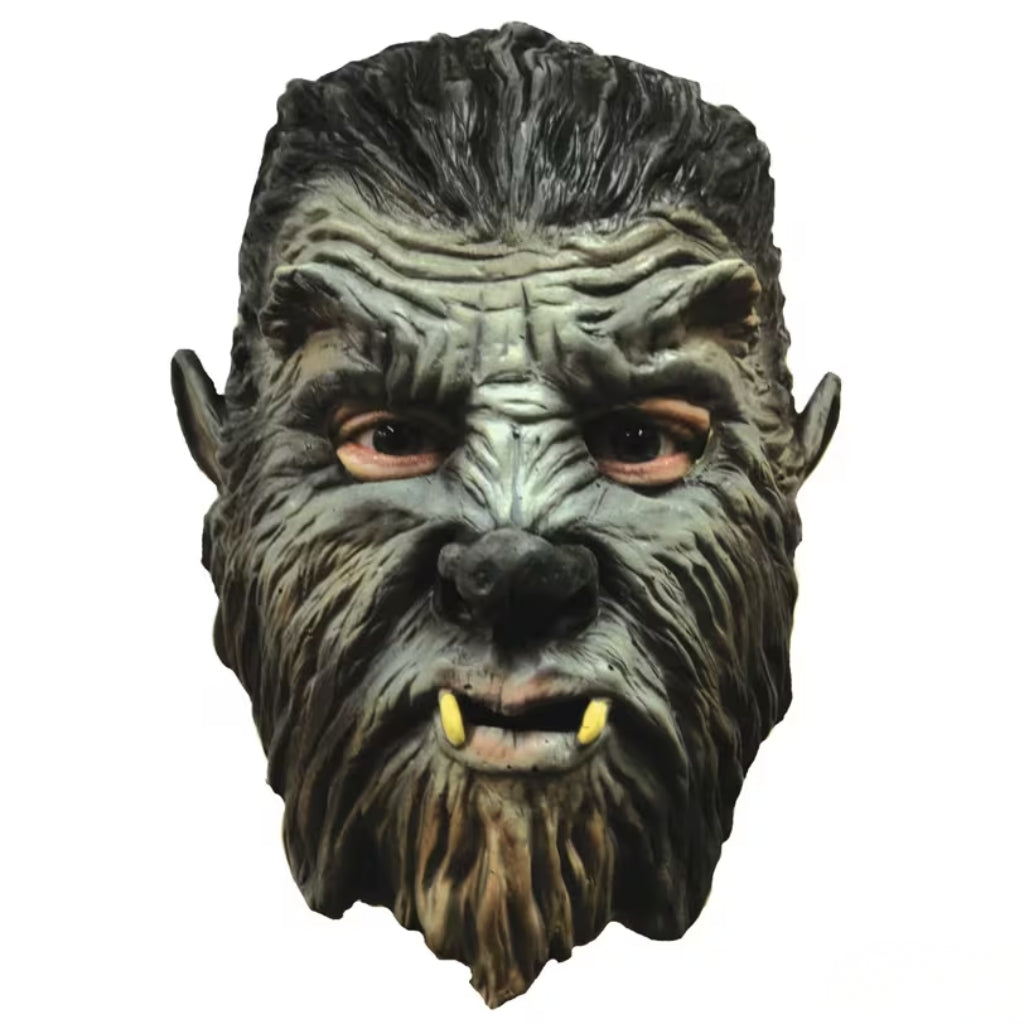 A detailed werewolf or beast mask with textured gray and brown fur, realistic fur-like hair, pointed ears, and yellow fangs, isolated on a white background.
