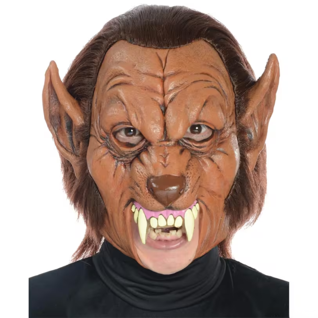 A realistic werewolf mask with pointed ears, brown fur, and bared fangs, shown on a person against a plain white background.