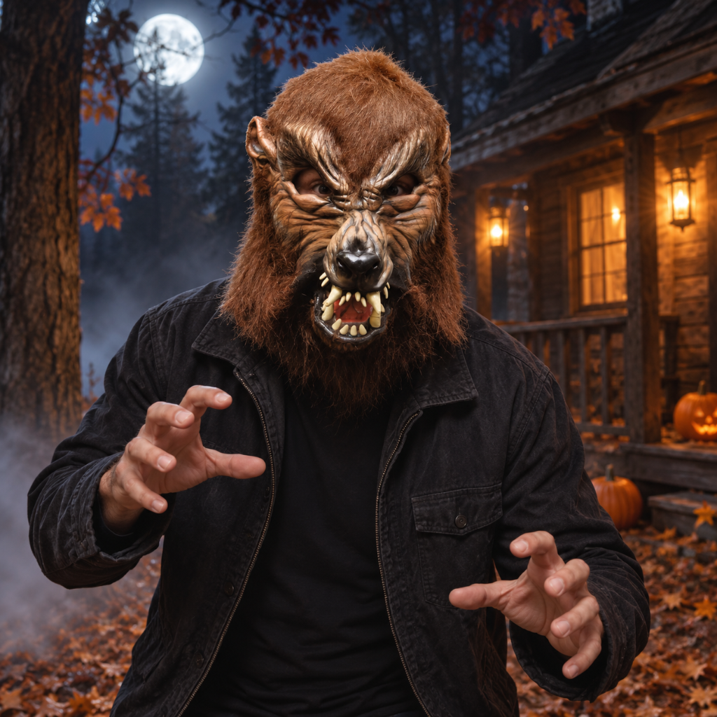 Latex Werewolf Mask with Moveable Mouth and Faux Fur Hood