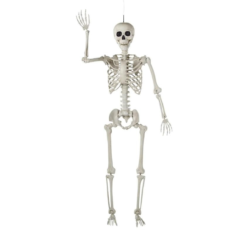 A full-body plastic Halloween skeleton decoration standing upright with one arm raised, shown against a plain white background.