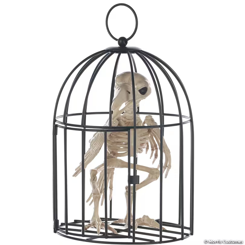 Skeleton Crow in a Cage Halloween Prop