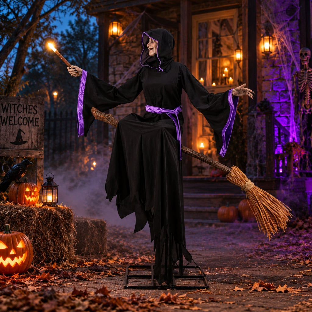 8ft Animated Hovering Witch with Broom and Wand