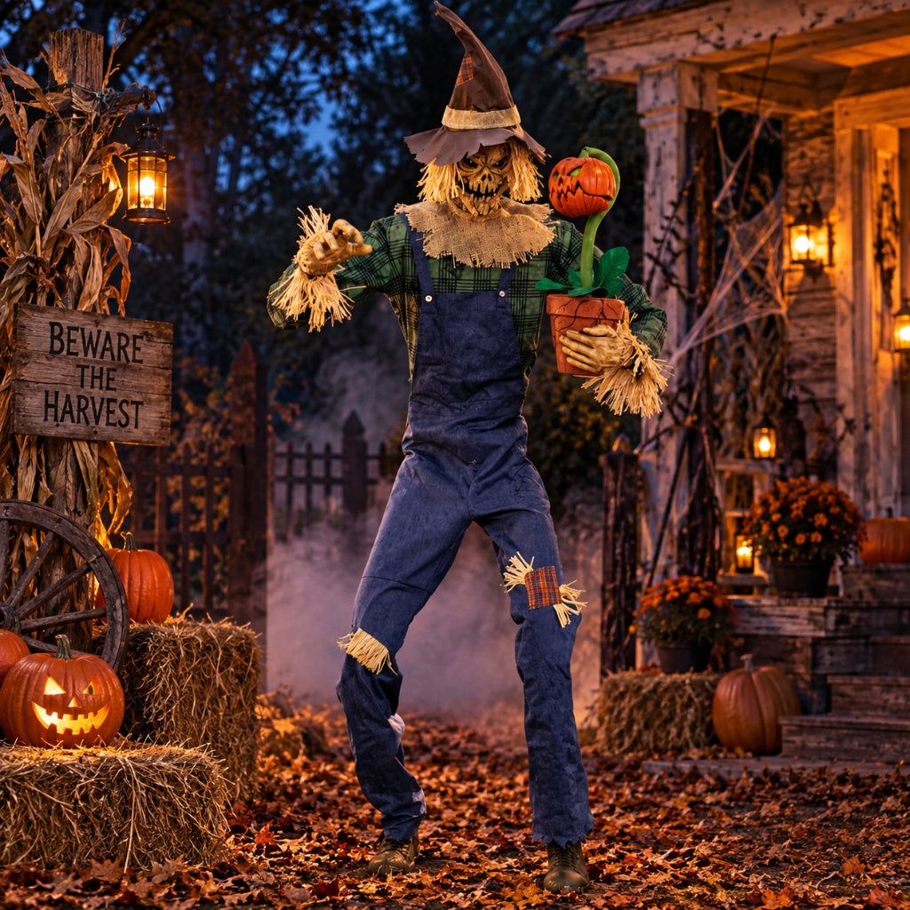 7ft Animated Rotten Harvester Scarecrow with Light-Up Eyes