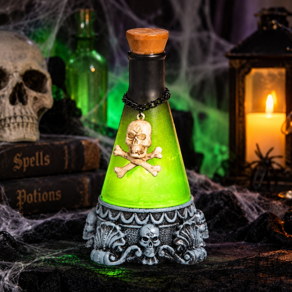 12" Light-Up Green Potion Bottle with Skull Decoration