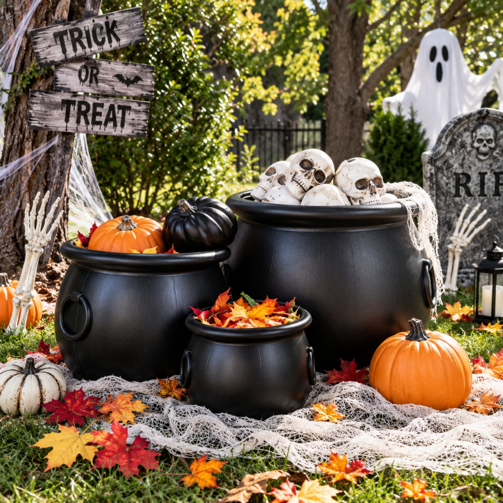 Black Cauldron Halloween Decorations - Set of 3