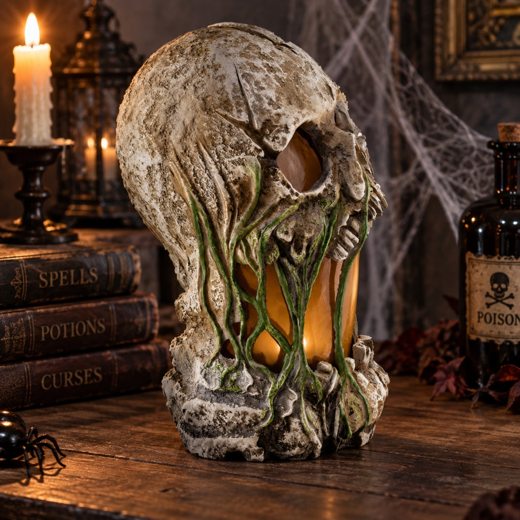A Halloween decorative skull candle with green vine-like accents and a glowing orange candle inside, displayed on a wooden table with candles, books, and a poison bottle in a spooky setting.