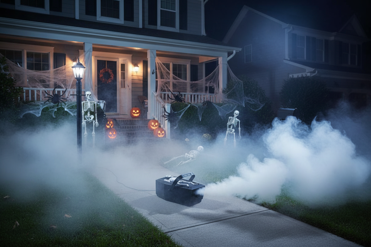 Halloween-themed outdoor scene with fog, skeletons, and pumpkins in front of a house.