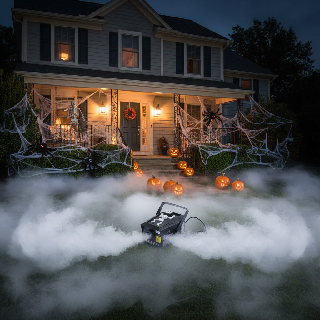Halloween-themed house exterior with pumpkins, spider webs, and a fog machine emitting mist.