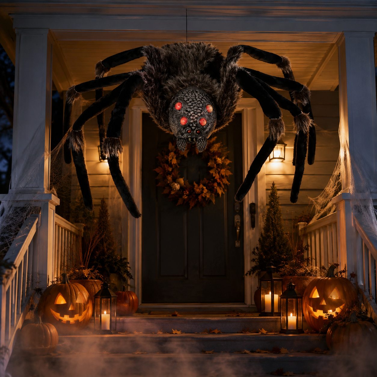 A large realistic Halloween spider decoration hangs over a front porch, with glowing jack-o'-lanterns, candles, a wreath, and fog around the steps.