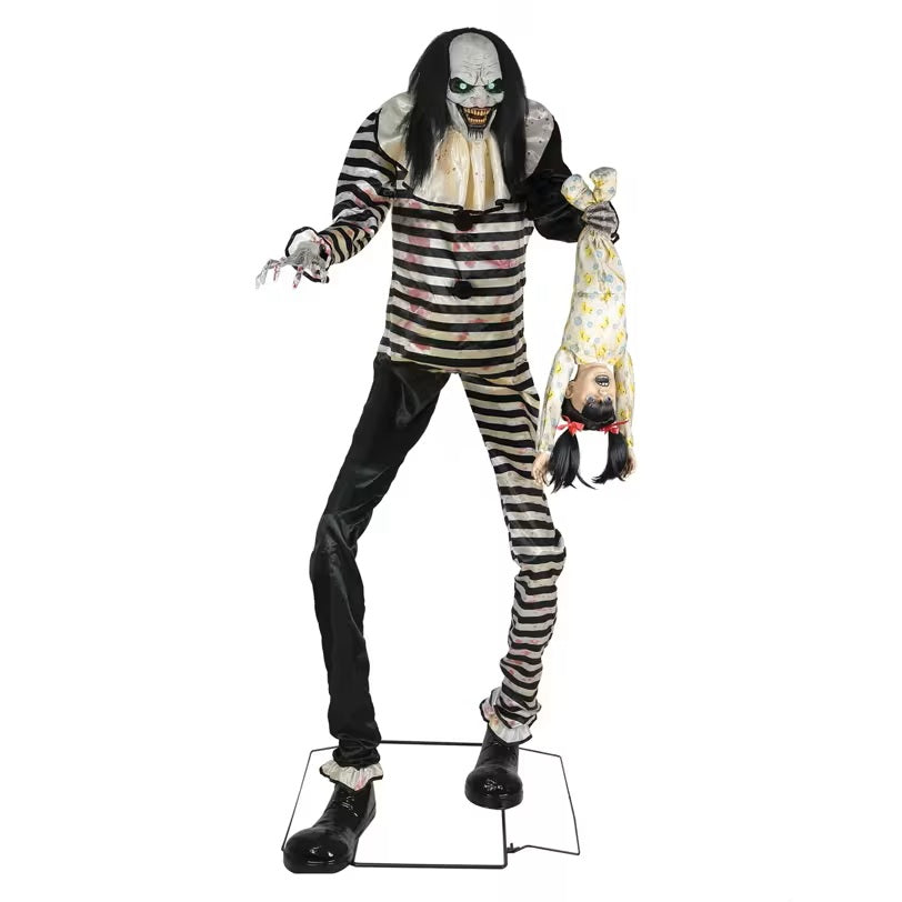 Horror-themed figure in striped outfit holding a doll on a white background