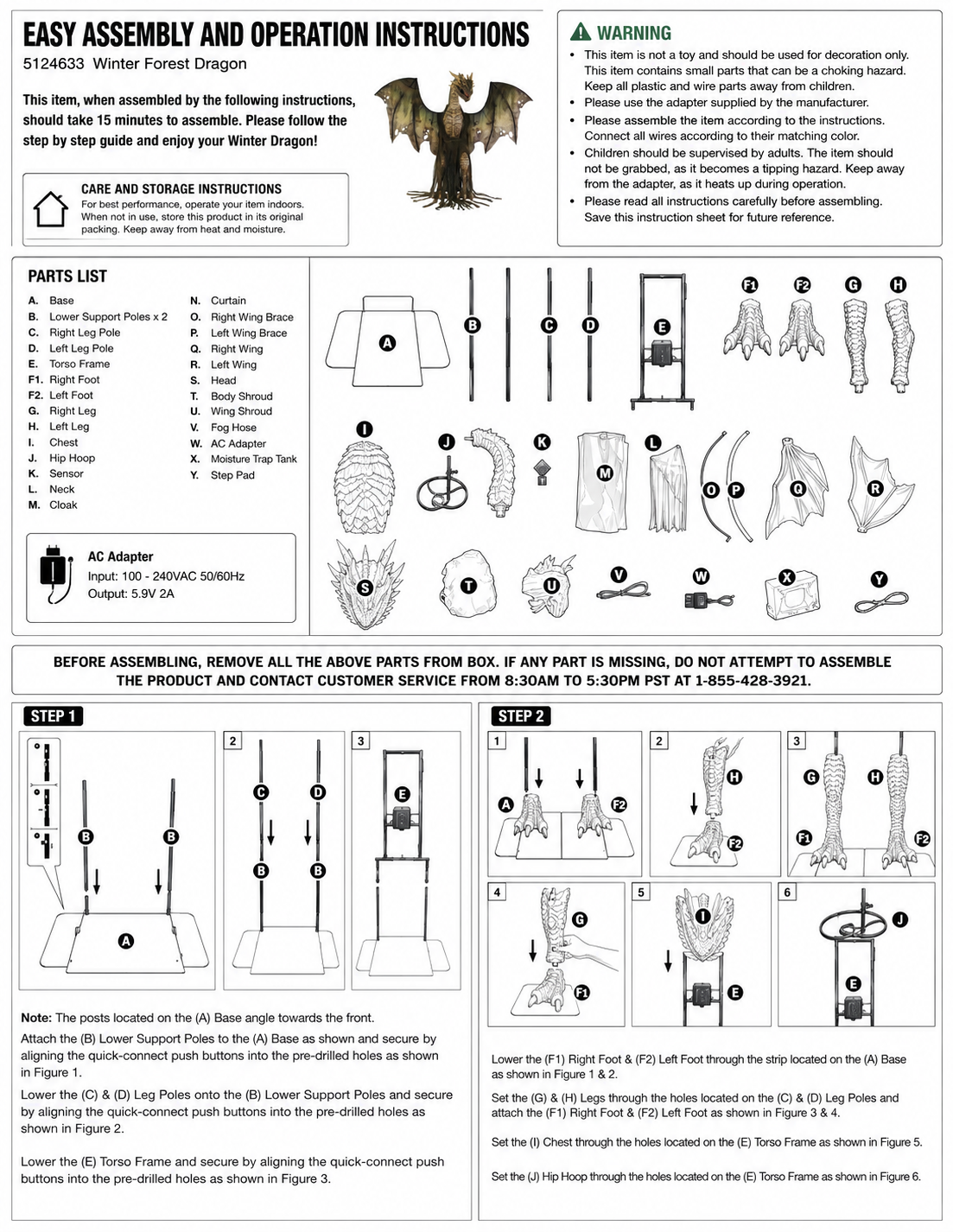 Assembly instruction sheet for a dragon model kit with parts list and step-by-step assembly guide.