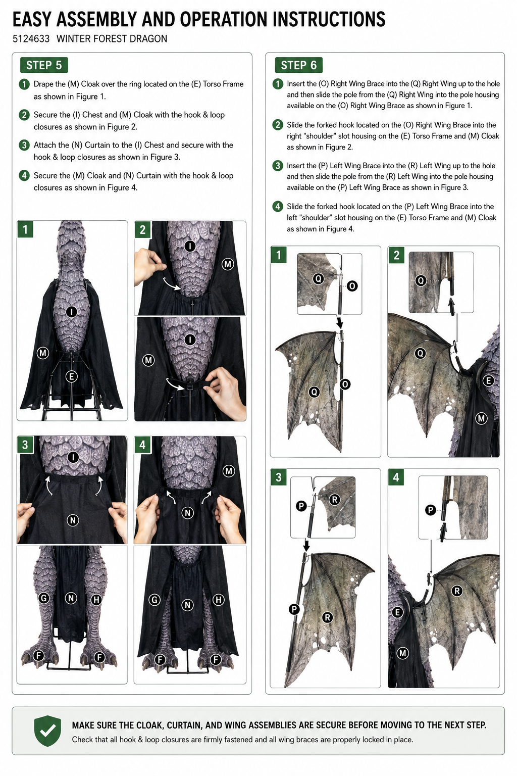 Step-by-step assembly instructions for a dragon costume with numbered steps and labeled parts.