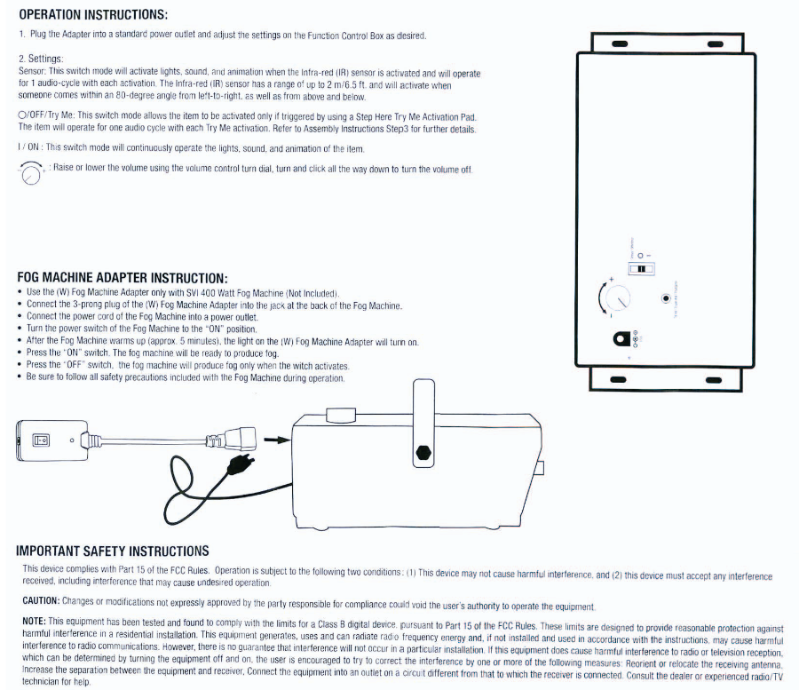 Fog machine adapter instruction manual with text and diagram on a white background