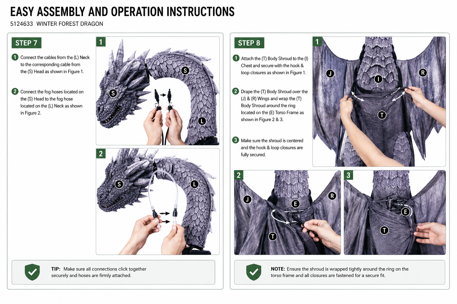 Step-by-step assembly instructions for a dragon costume with labeled parts.