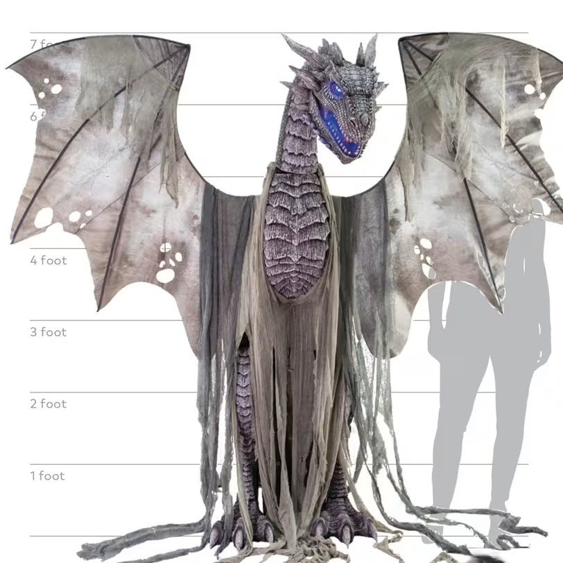 Dragon model with size measurement chart and human figure for scale