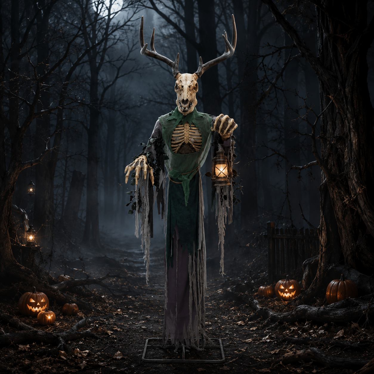 A Halloween decorative figure stands in a dark, misty forest path. The figure has a deer skull with large antlers, skeletal hands, a tattered green top, a long gray skirt, and holds a glowing lantern.