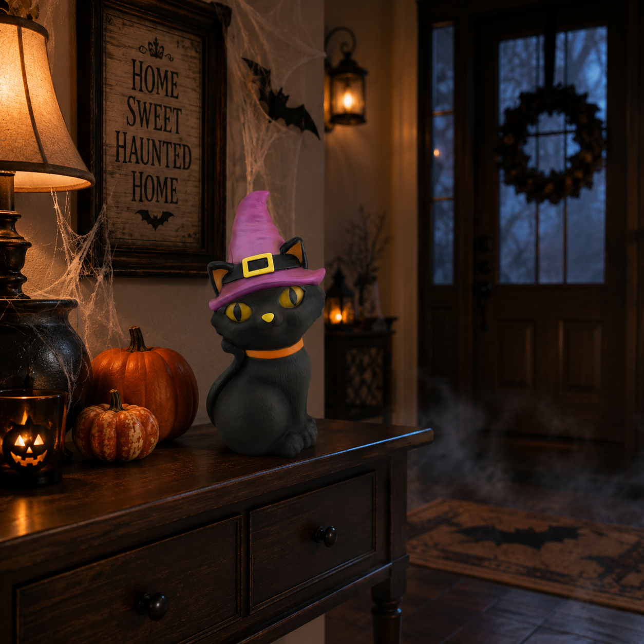 11" Light-Up Witch Cat LED Tabletop Halloween Decoration