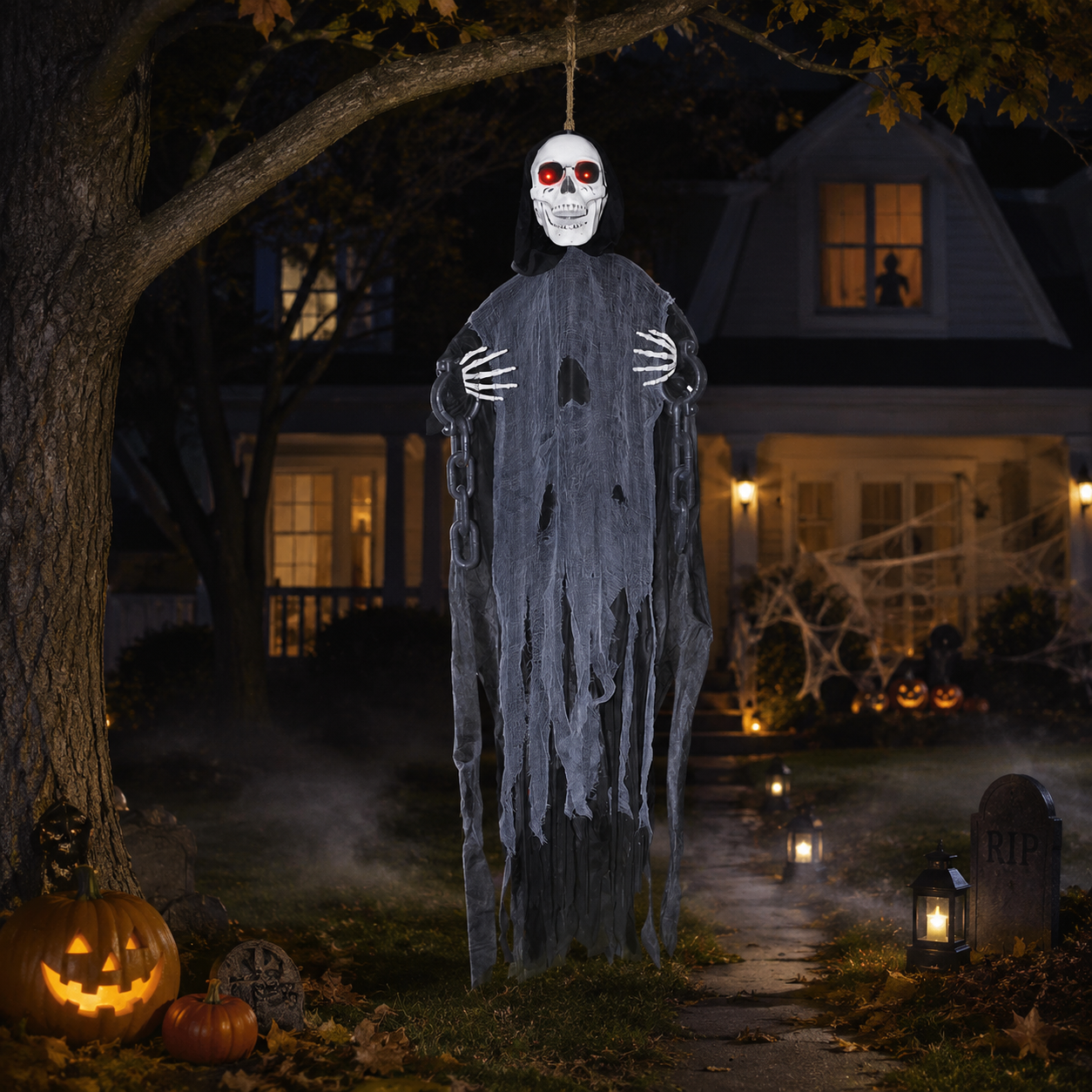 5ft Animated Light-Up Ghost Skeleton in Chains