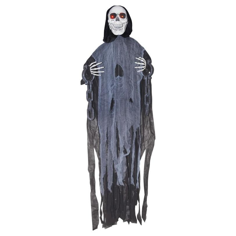 Hanging ghost decoration with a skull face on a white background