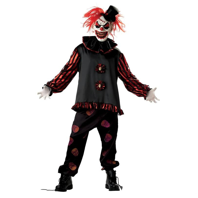 Horror clown costume with red hair, black top hat, and black and red outfit on a white background