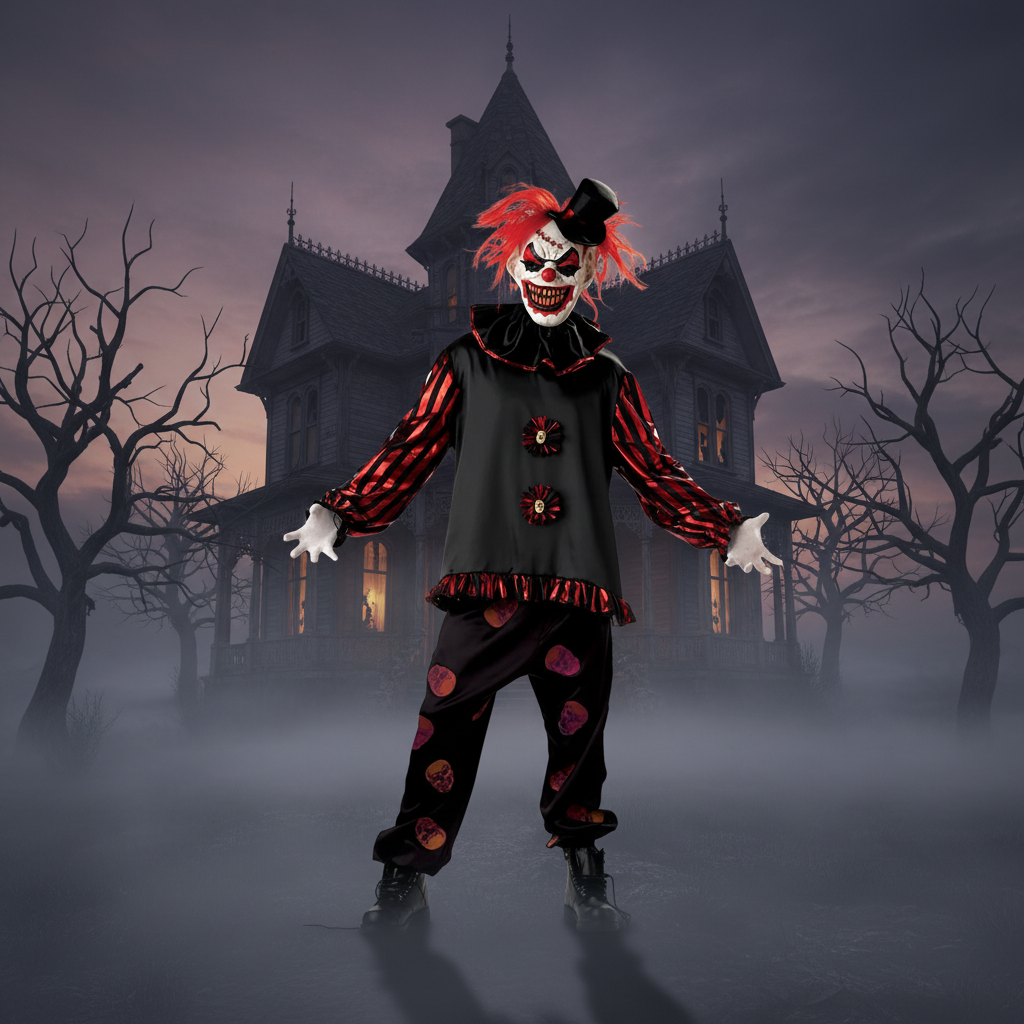 Horror clown in a spooky setting with a haunted house in the background