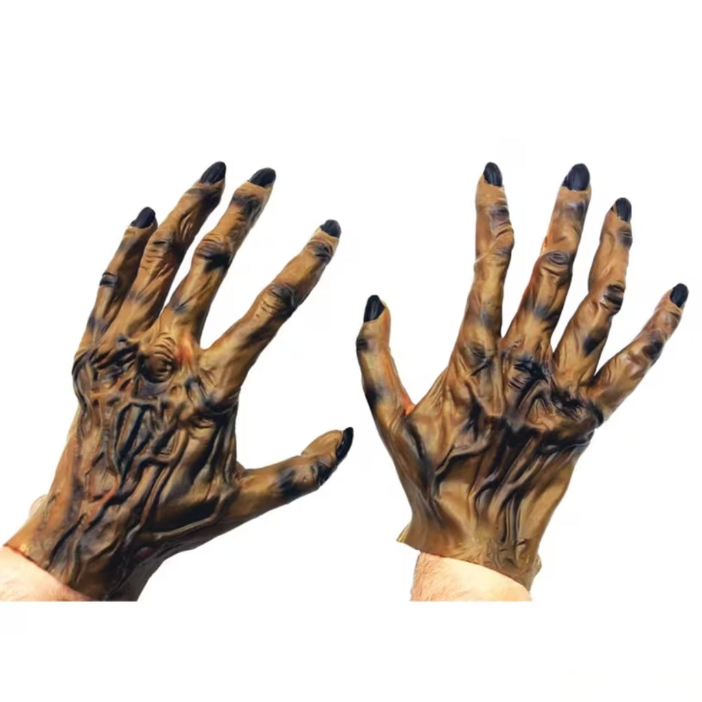 A pair of werewolf-style latex gloves worn on hands, with dark brown and black mottled skin, wrinkled veins, and black fingernails, shown against a plain white background.