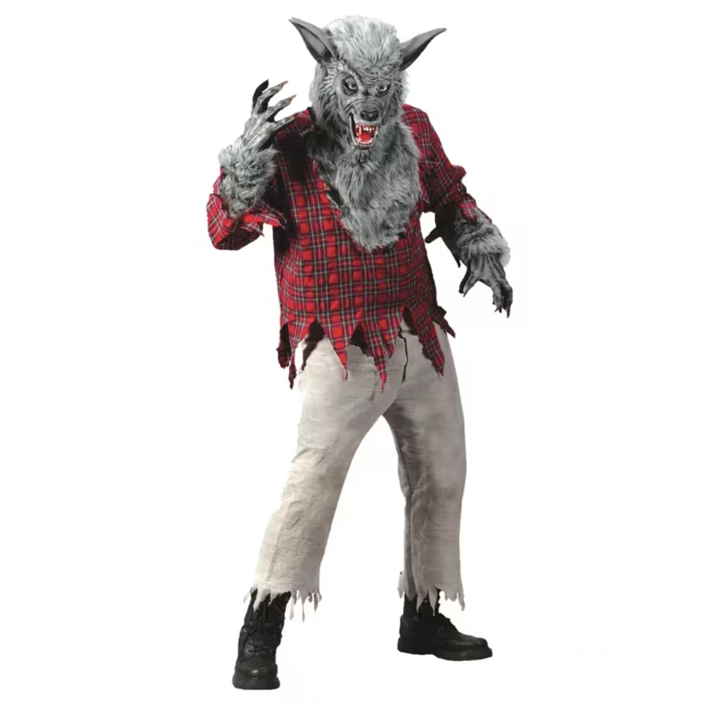 A full-body werewolf costume shown on a person against a plain white background. The costume includes a gray furry headpiece with pointed ears and snout, clawed hands, a red-and-black plaid shirt, beige tattered pants, and black boots.