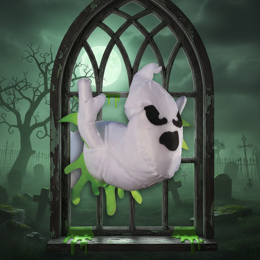 Halloween-themed inflatable ghost with green accents against a dark window background