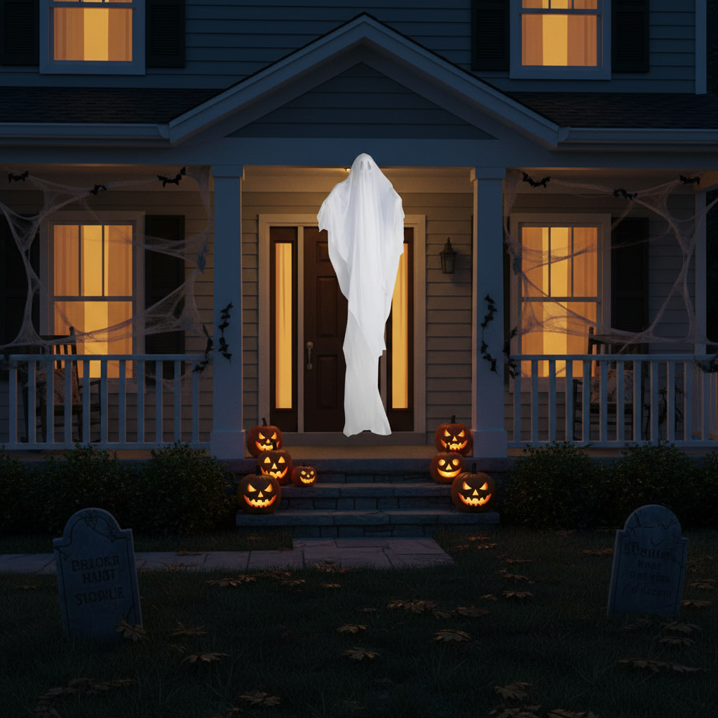 Halloween-themed house exterior with a ghost, pumpkins, and tombstones.