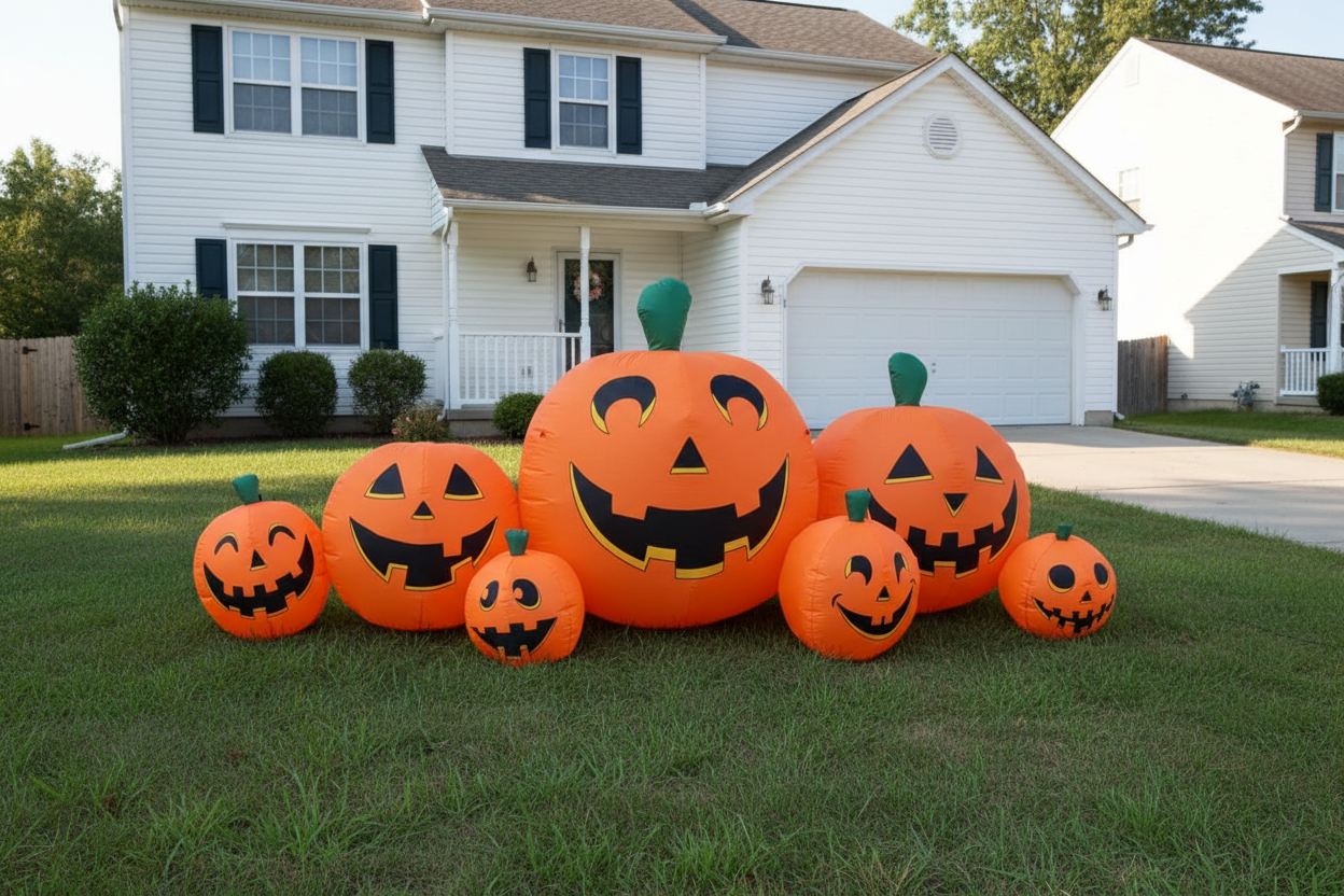 Set of inflatable pumpkins with jack-o'-lantern faces setup in front of a white house