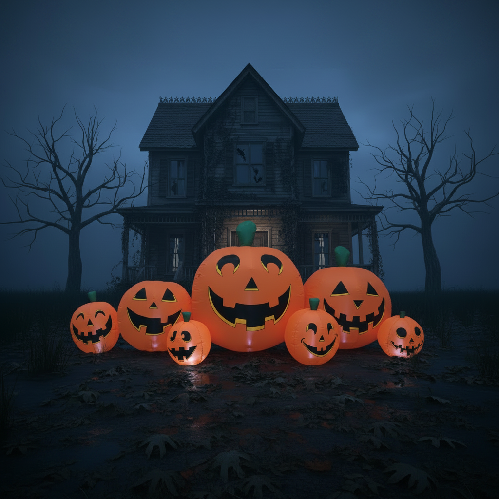 Halloween scene with pumpkins in front of a spooky house at night.