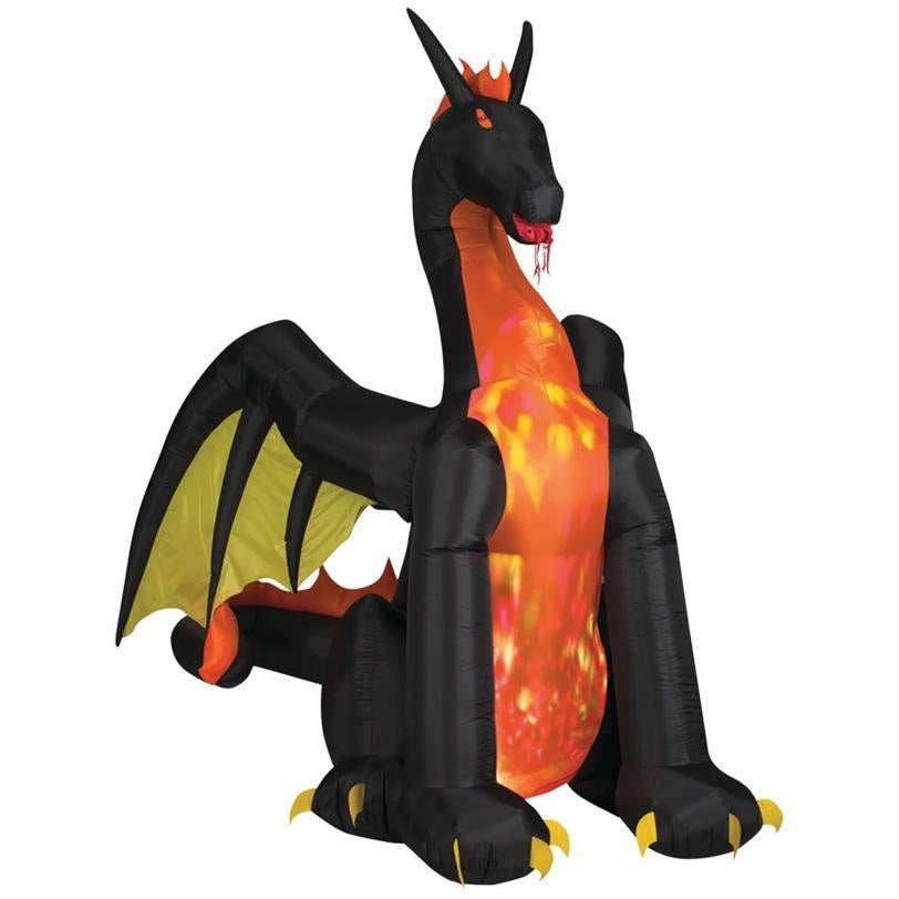 Inflatable dragon with black, orange, and yellow colors on a white background