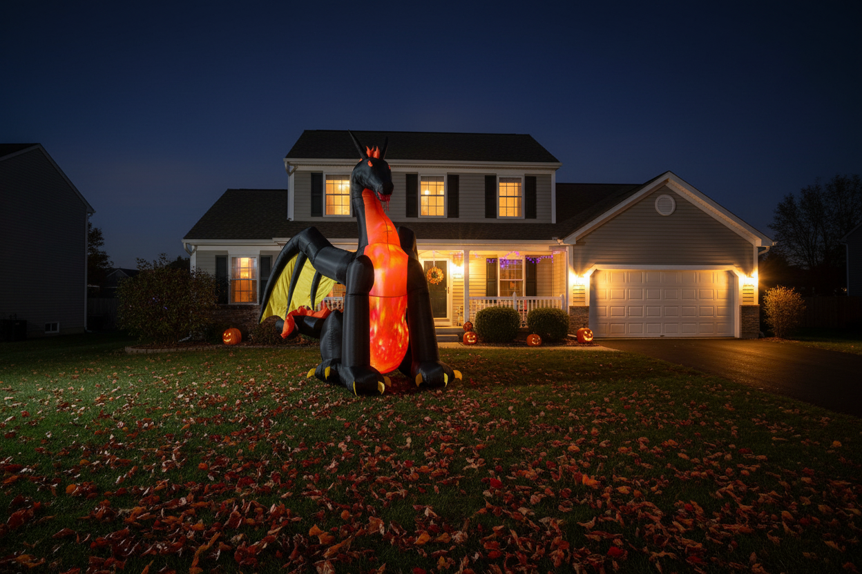 Inflatable dragon decoration in front of a house at night