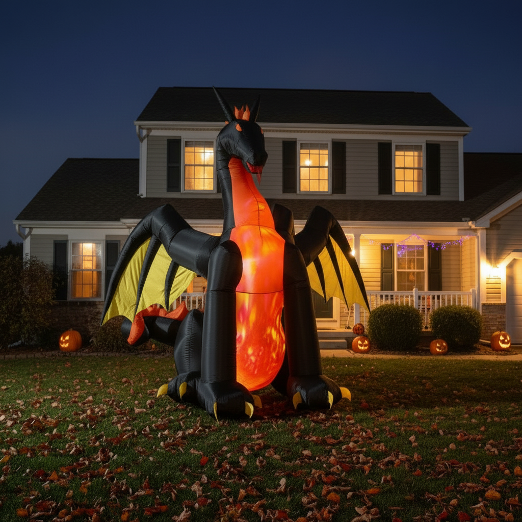 Inflatable dragon decoration in front of a house at night