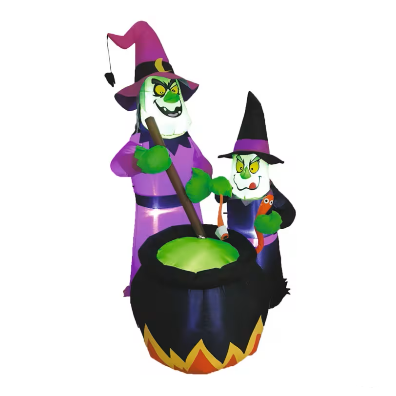 Halloween inflatable decoration featuring two witches and a cauldron on a white background