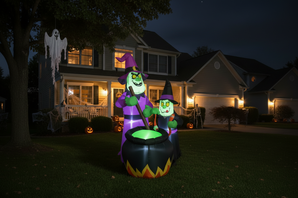 Halloween inflatable decoration of two witches on a broomstick in front of a house with lights on.