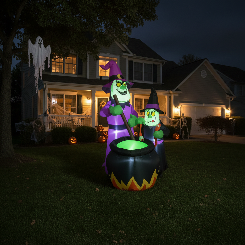 Halloween inflatable decoration in front of a house with lights on