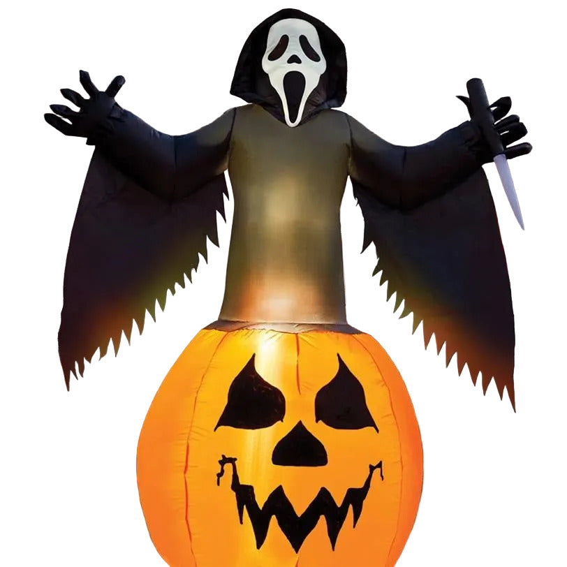 Halloween inflatable decoration with ghost face and pumpkin design on a white background