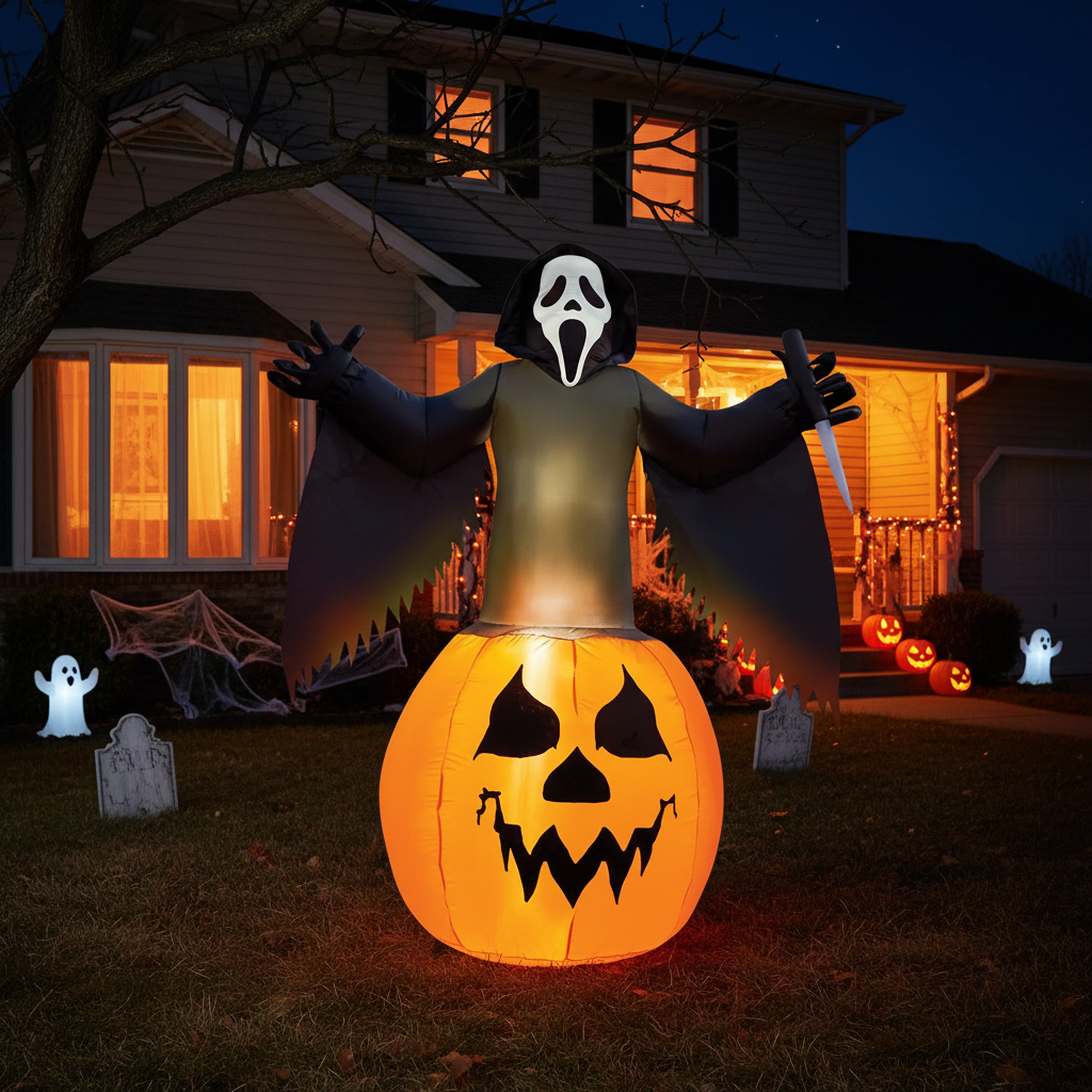 6Ft Ghost Face® Pumpkin Inflatable Halloween Yard Decoration