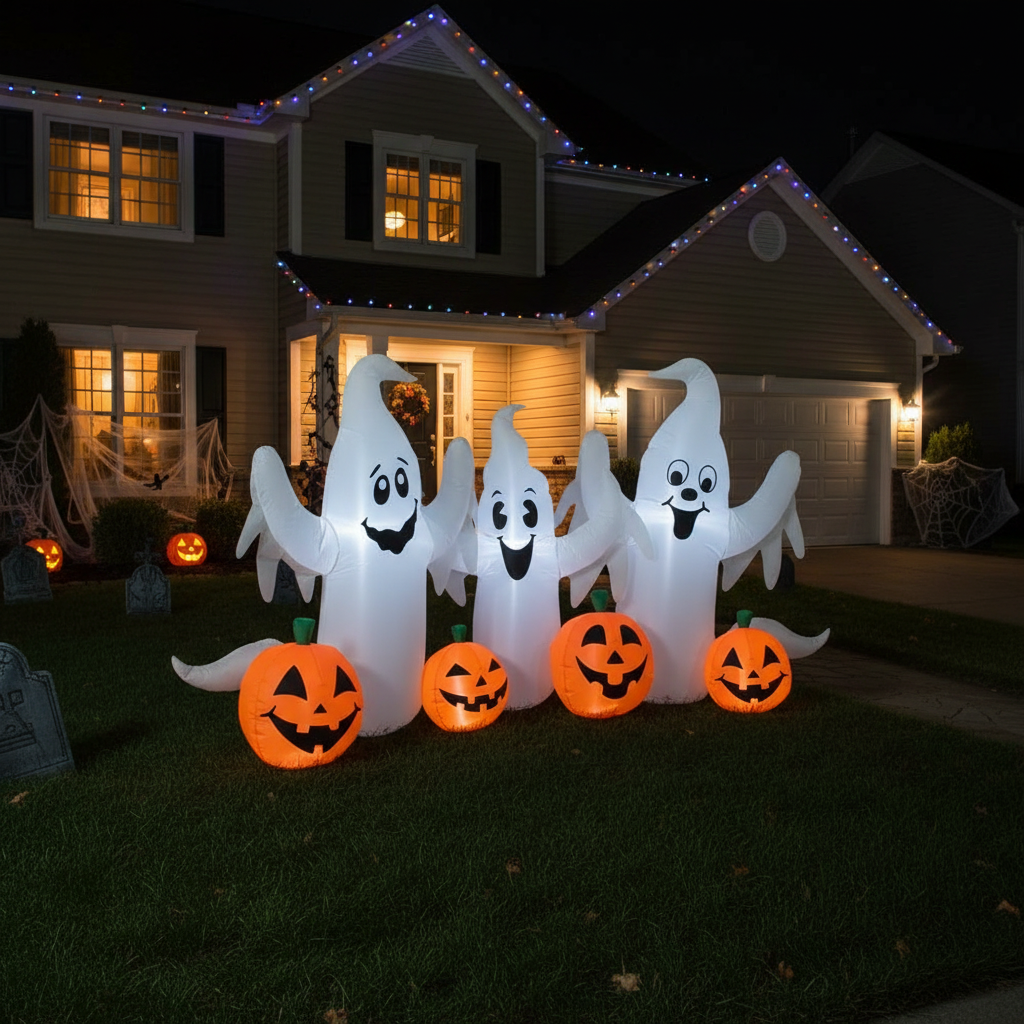 Halloween decorations including inflatable ghosts and pumpkins in front of a house.