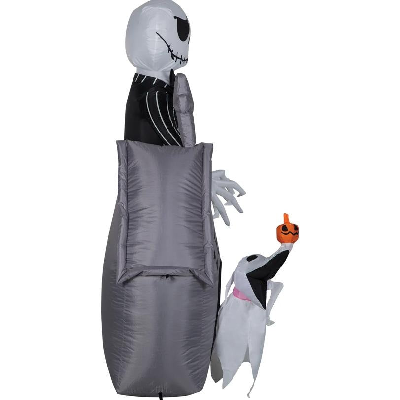 Halloween inflatable decoration featuring a skeleton, ghost, and pumpkin with a white background. Side angle
